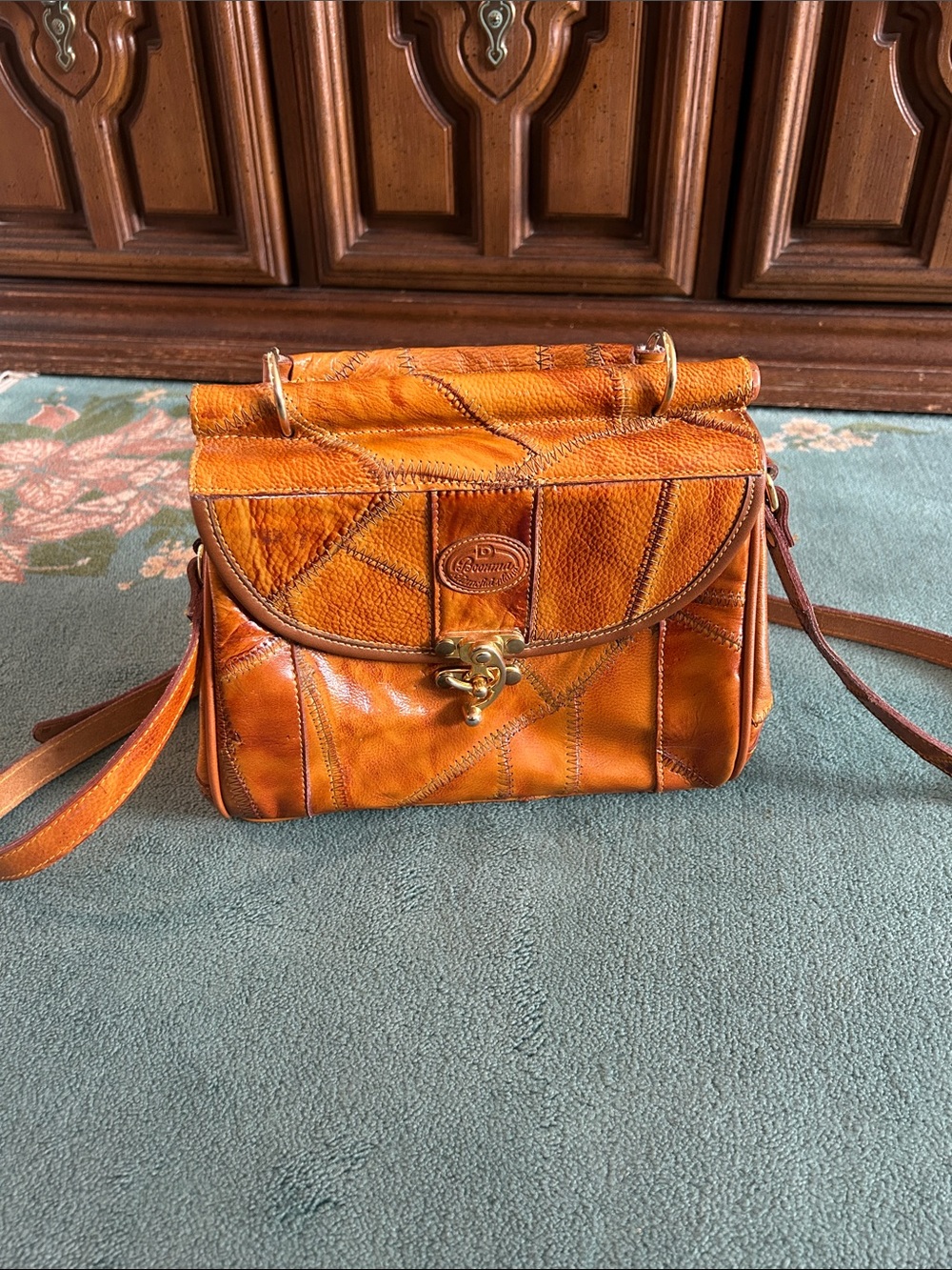 Boonma Orange Patchwork Handbag with Crossbody Strap